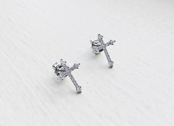 white gold cross earrings studs