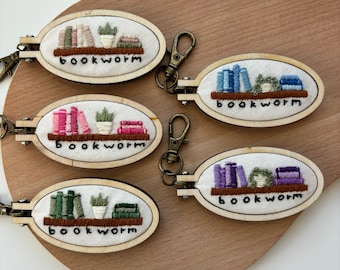 bookworm hand embroidered keychains/charms