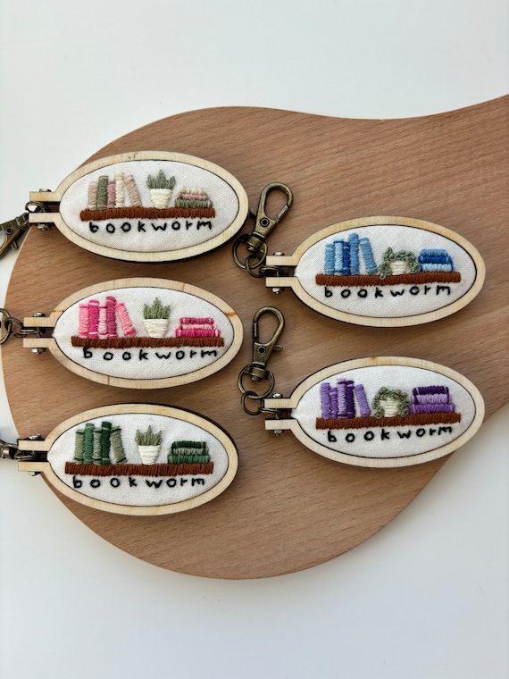 bookworm hand embroidered keychains/charms