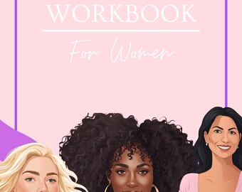 Può includere: Copertina di un quaderno di cura di sé con il testo "SELF CARE WORKBOOK For Women" in bianco su sfondo rosa. L'immagine presenta illustrazioni di tre donne con diverse tonalità di pelle e colori di capelli.