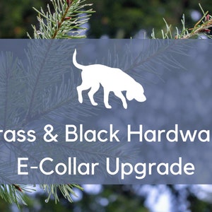 May include: Image features text that reads "Brass & Black Hardware E-Collar Upgrade" with a white silhouette of a dog. The background is a blurred image of evergreen branches.