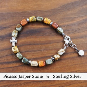 Boy Stone and Sterling Silver Bracelet, Boy First Communion Gift; Natural Stone Boy Bracelet with Cross; First Communion Keepsake Gift