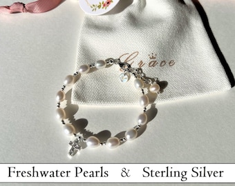 Real Freshwater Pearl Bracelet with Cross, First Communion Bracelet, Baptism Bracelet, First Communion gift, Confirmation, Christening gift