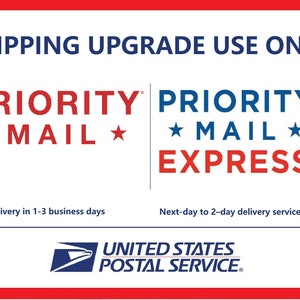 May include: A white background with the text "SHIPPING UPGRADE USE ONLY." The image displays the logos for "PRIORITY MAIL" and "PRIORITY MAIL EXPRESS" with delivery timeframes. The United States Postal Service logo is at the bottom.