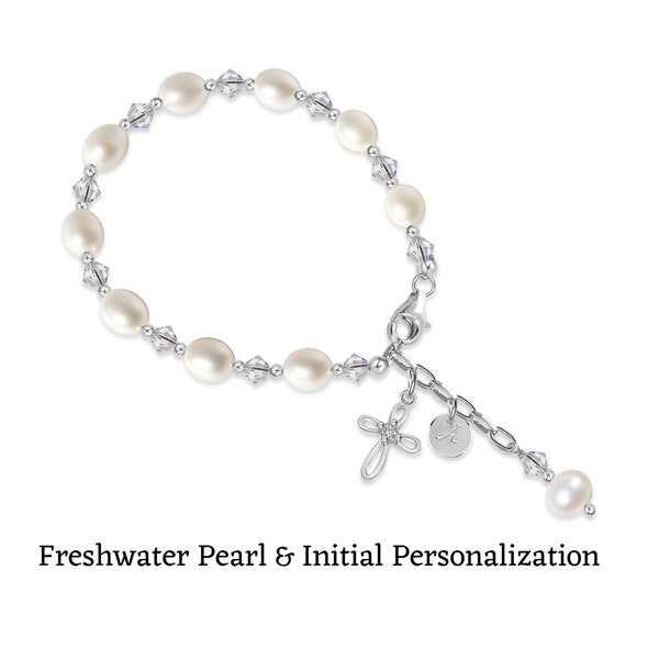 Real Freshwater Pearl Bracelet with Cross, First Communion Bracelet, Baptism Bracelet, Dedication gift, Confirmation, Christening gift