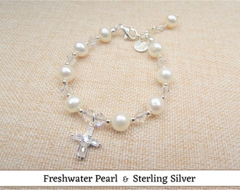 Real Freshwater Pearl Bracelet with Cross, Baby Baptism Bracelet, Baptism Gift, Christening Gift, Baby Shower Gift, Dedication Gift