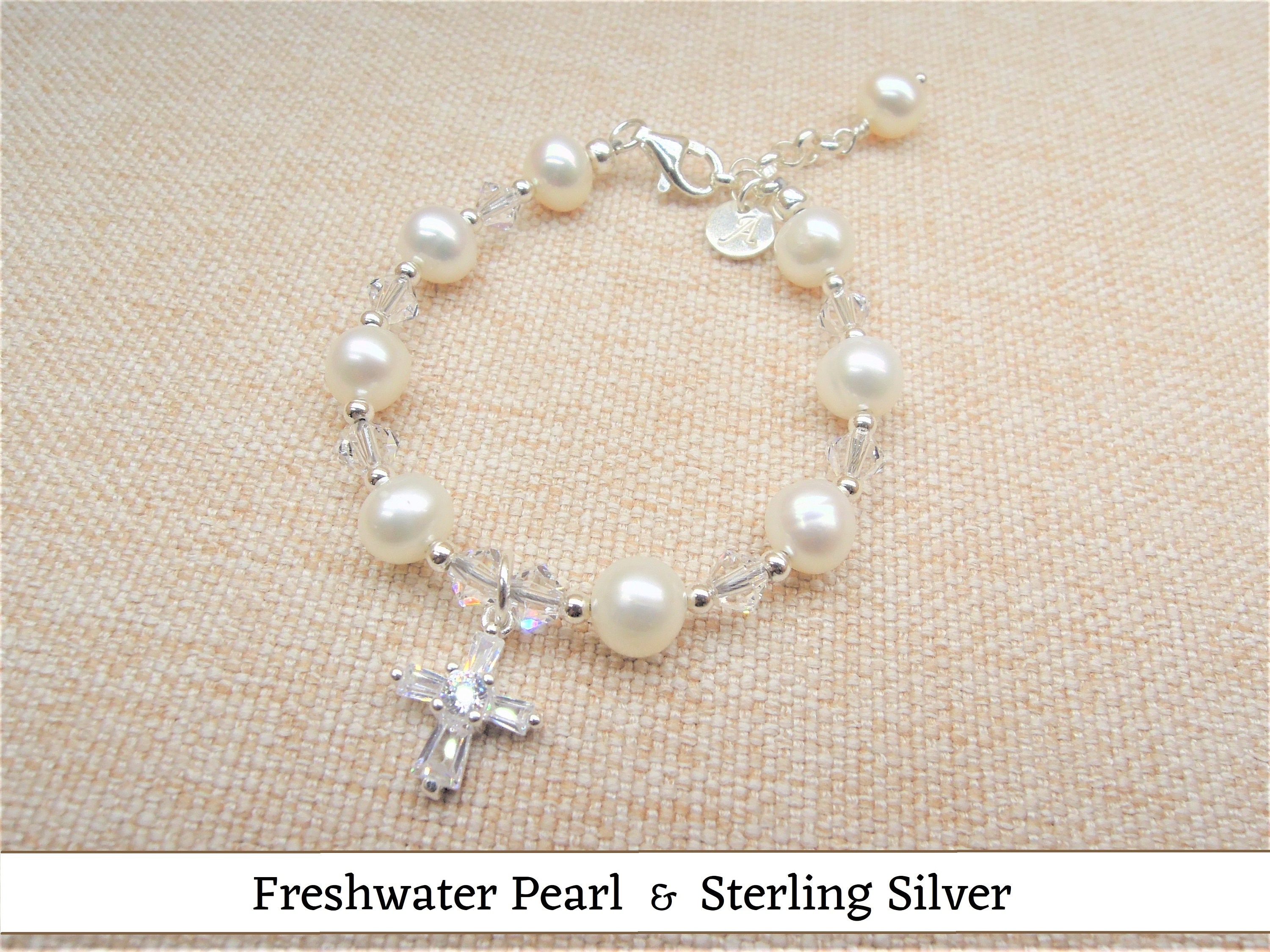 Real Freshwater Pearl Bracelet with Cross, Baby Baptism Bracelet, Baptism Gift, Christening Gift, Baby Shower Gift, Dedication Gift