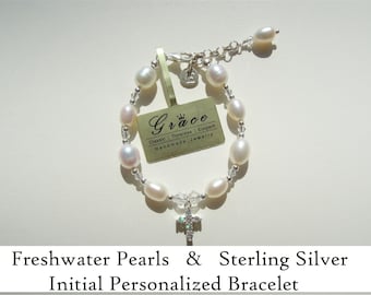 Baby Cross Bracelet, Baby Baptism Bracelet, Real Freshwater Pearl Bracelet, Christening Gift,  Baptism Gift, Baby Shower Gift