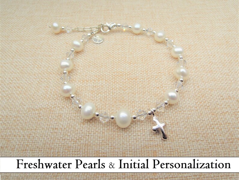 Real Freshwater Pearl Bracelet with Cross, First Communion Bracelet, Baptism Bracelet, First Communion gift, Confirmation, Christening gift 