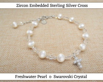 Real Freshwater Pearl Bracelet with Cross; First Communion, Baptism,  Dedication, Confirmation, Christening Keepsake Gift; Flower Girl Gift