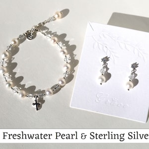 First Communion Bracelet & Earrings Set, First Communion Gift Girl, Baptism Bracelet Earrings Set, Flower Girl Bracelet Earrings Set