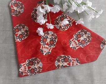 Red Sugar Skulls Over the Collar Dog Bandana, Halloween Bandana, Pet Apparel, Photo Op