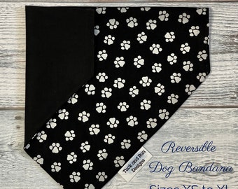 White Paw Prints on Black Dog Bandana/Cat Bandana/Over the Collar Pet Scarf/Slip on Bandana