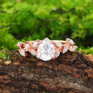 Birne Moissanite Rose Gold Verlobungsring: Blatt Braut Jahrestag Ring