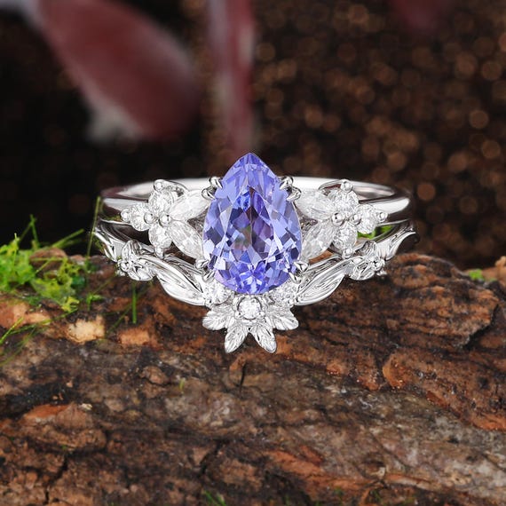 Pear Tanzanite Engagement Ring Set: Vintage Moissanite Wedding