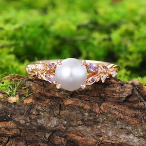 Akoya Perle Roségold Verlobungsring: Moissanit, Amethyst & Tansanit Cluster
