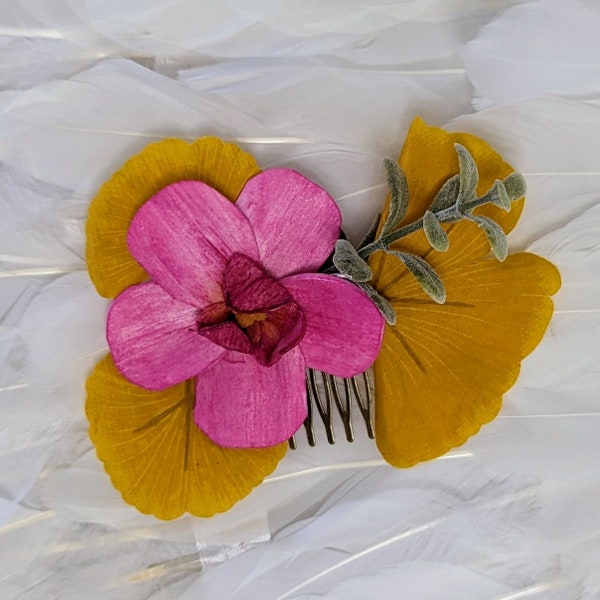 Pink orchid wood flower hair comb