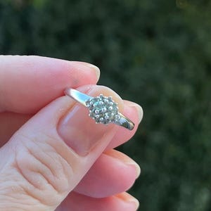 Puede incluir: Un anillo plateado con un grupo de peque&ntilde;as piedras redondas y transparentes. El anillo se sostiene en una mano, con un fondo verde borroso.