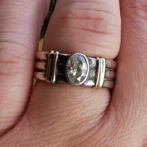 Beautiful Vintage Solid 950 Silver And Solid 14k Gold Accent Cz Solitaire 3 Band Heavy 7.25 Sz Approx