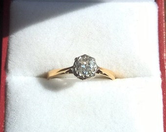 Beautiful Vintage 0.50CT 18k Yellow Gold Platinum Genuine Diamond Solitaire Engagement Ring (60's-70's)