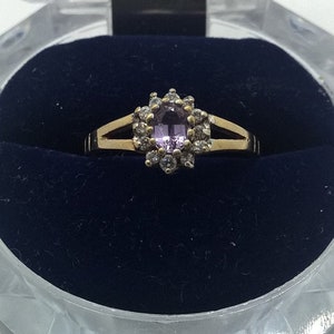 Vintage Very Shiny 9ct Yellow Gold Amethyst & CZ Cluster Ring Size 55  (7.25 Appr.)