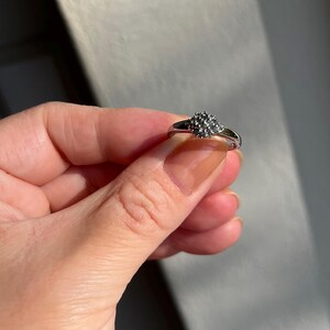 Puede incluir: Un anillo plateado con un grupo de peque&ntilde;as piedras oscuras en el centro. El anillo tiene una banda delgada y pulida, y las piedras est&aacute;n dispuestas en forma redondeada. El anillo se muestra sobre un fondo neutro.