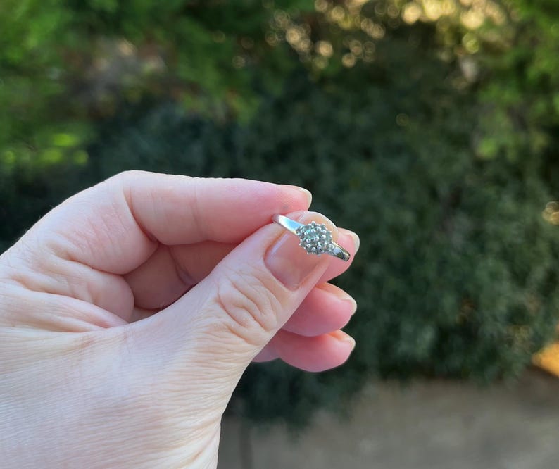 Puede incluir: Un anillo plateado con un grupo de peque&ntilde;as piedras redondas y transparentes. El anillo se sostiene en una mano, con un fondo verde borroso.