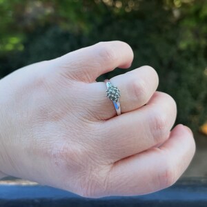 Puede incluir: Un anillo plateado con un grupo de peque&ntilde;as piedras grises redondas. El anillo est&aacute; en un dedo, con la mano enfocada contra un fondo verde borroso. La banda del anillo es delgada y pulida.