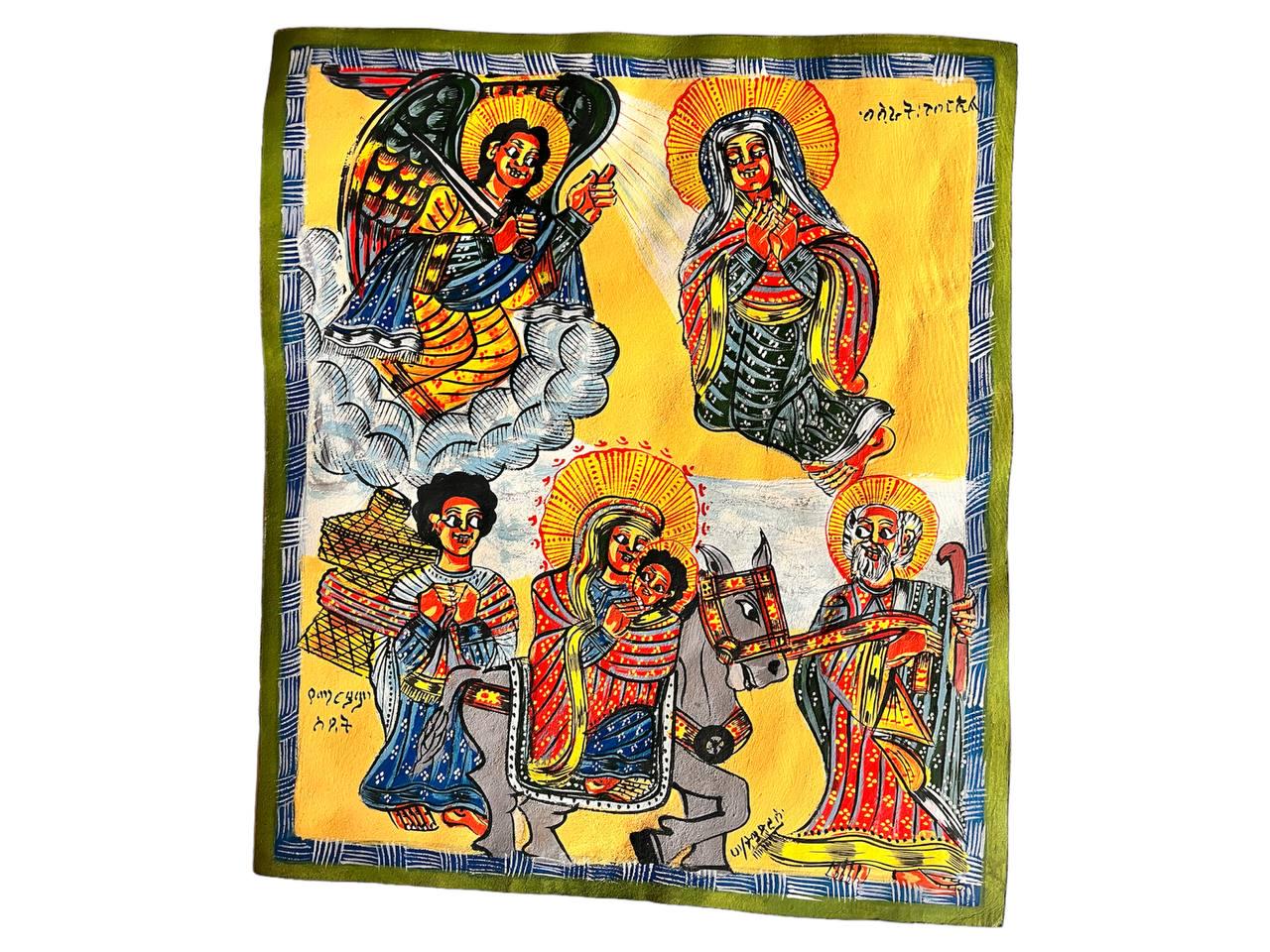 Ethiopian Orthodox Religious Leather Painting: Hand-painted St