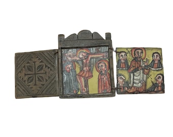 Tríptico de la iglesia ortodoxa hecha a mano de Etiopía con madera pintada