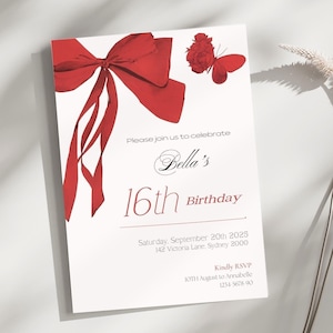 Modèle d'invitation d'anniversaire ruban rouge, arc rouge filles déjeuner dîner, carte d'invitation modifiable 21e anniversaire, événement féminin rose coquette