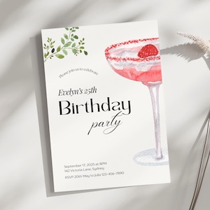 Minimalistische Cocktail Martini-Geburtstags-Party Einladung, Elegante Frauen-Getränke laden Vorlage ein, Margarita Girls Night, Prost auf die 30 Chic-Party