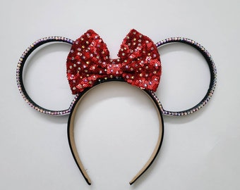 Ready To Ship black mouse ears with rhinestone sequin red  bow