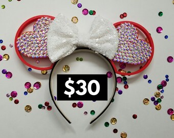 3D Mouse Ears with rhinestone valentine hearts and Sequin bow