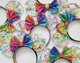 Paint Splatter ears with rainbow bow