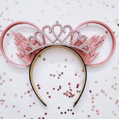 ROSE GOLD PRINCESS castle ears with tiara, 3d mouse ears.
