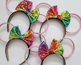 Ready To Ship PINK mouse ears with ab rhinestones and Rainbow sequin bow