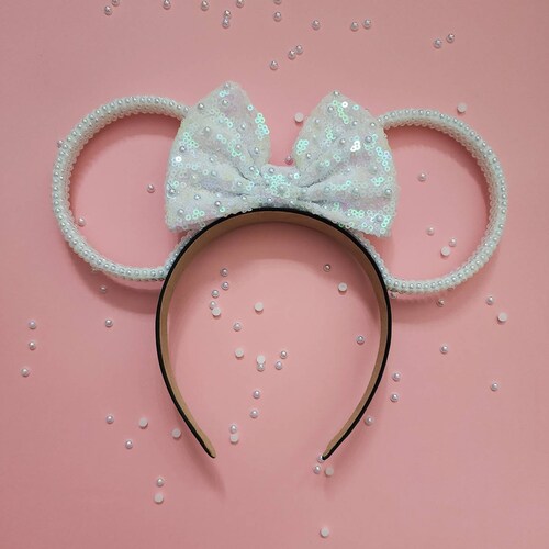 White AB pearl rings 3D Mouse Ears all sides covered with pearls