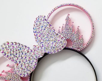 California Castle Dreams ,Rhinestone 3D castle inspired Ears with Rhinestone Bow OR Sequin bow