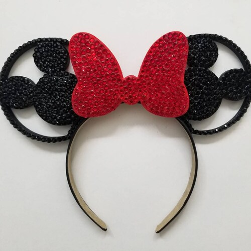 BLACK Rhinestone 3D Mouse Ears with RED rhinestone bow