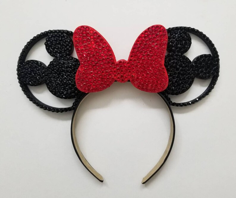 BLACK Rhinestone 3D Mouse Ears with RED rhinestone bow image 1