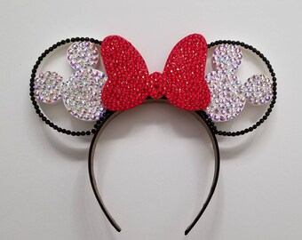 Rhinestone 3D Mouse Ears with RED rhinestone Bow
