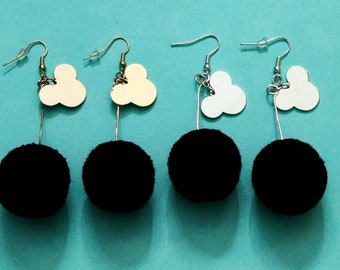Pom earrings with mouse charm- many colors