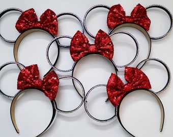 Ready To Ship black mouse ears with ab rhinestones and red sequin bow