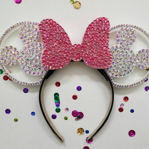 Rhinestone 3D Mouse Ears with HOT  PINK rhinestone Bow