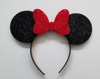 Black Rhinestone "Wishes" 3D Mouse Ears with Red Rhinestone bow