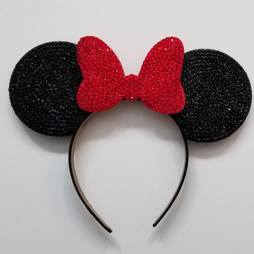 Black Rhinestone "Wishes" 3D Mouse Ears with Red Rhinestone bow