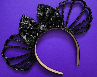 MIDNIGHT MERMAID  Mouse Ears  black Shells with black rhienstones and black rhinestone sequin bow