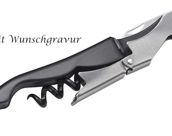 Metal waiter's knife with engraving / with bottle opener, foil cutter, corkscrew