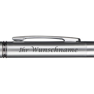 Könnte beinhalten: Ein silberner Stift mit einem Clip und einer schwarzen Aufschrift "Ihr Wunschname".
